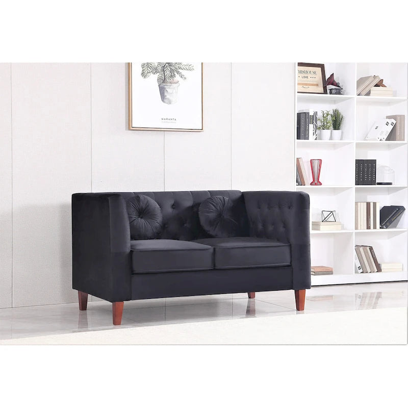 Divanetto Chesterfield classico in velluto con gambe in legno