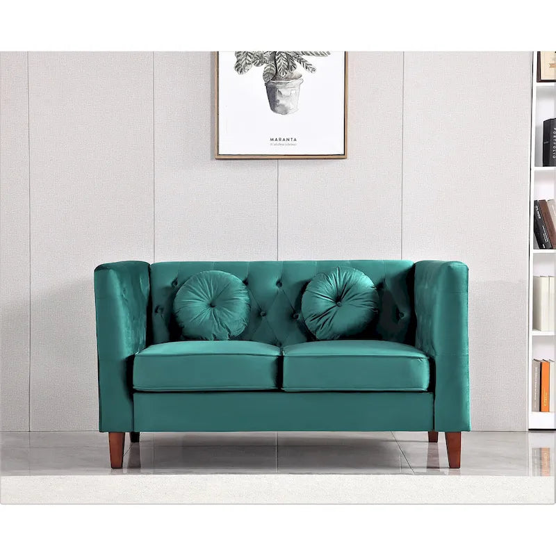 Divanetto Chesterfield classico in velluto con gambe in legno