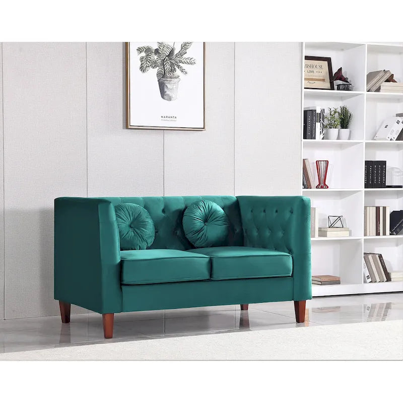 Divanetto Chesterfield classico in velluto con gambe in legno