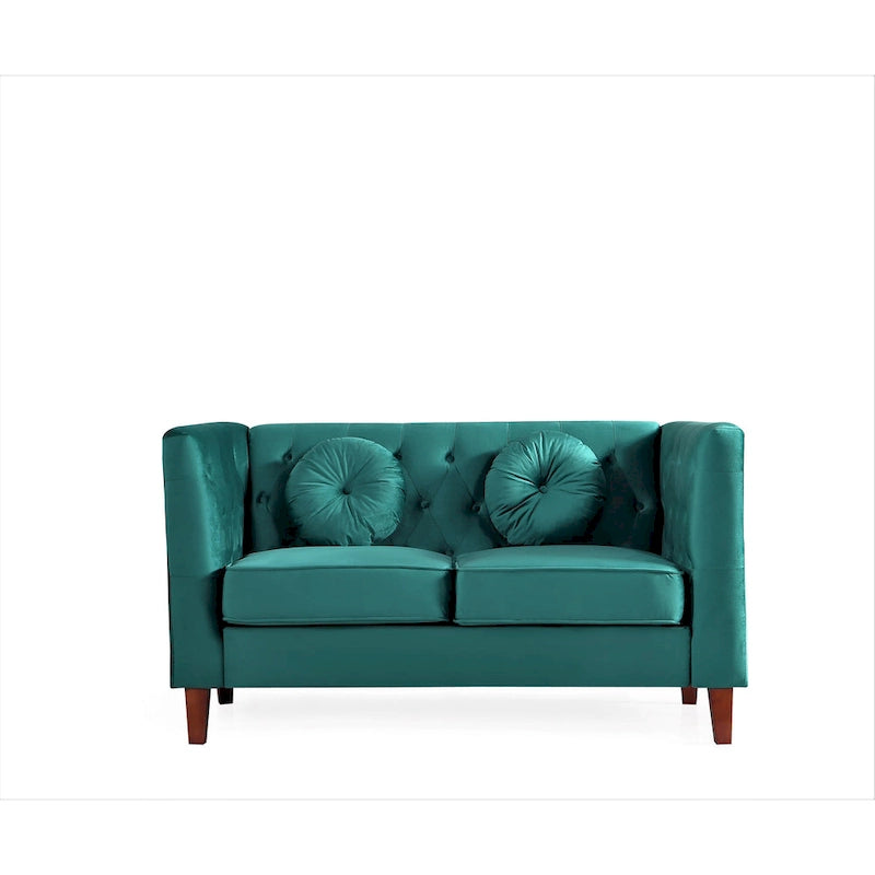 Divanetto Chesterfield classico in velluto con gambe in legno