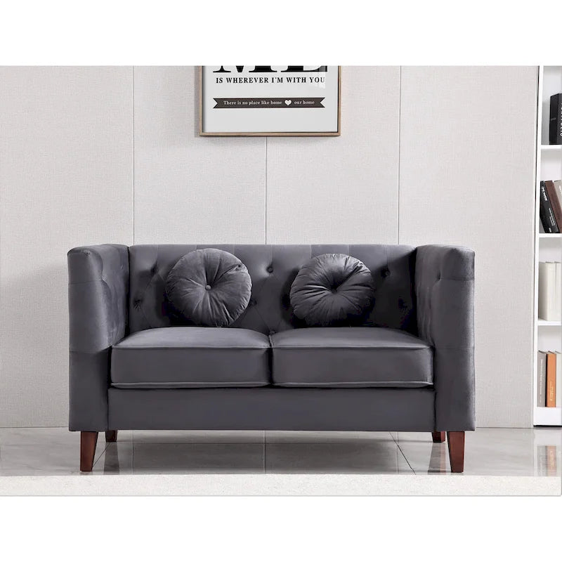 Divanetto Chesterfield classico in velluto con gambe in legno