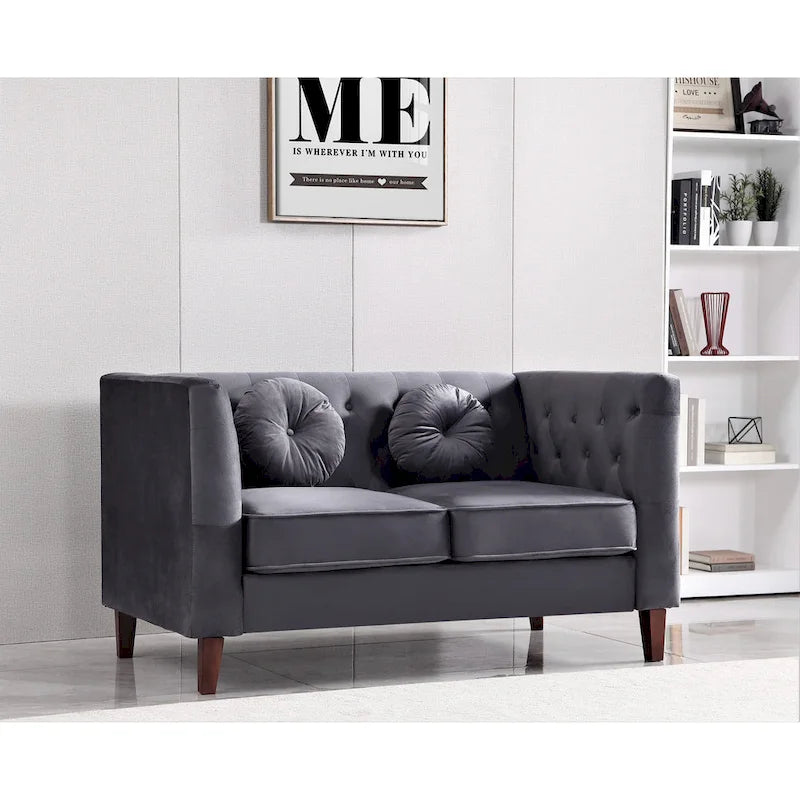 Divanetto Chesterfield classico in velluto con gambe in legno