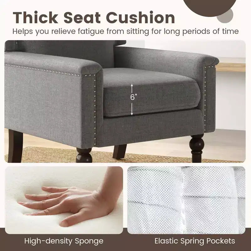 Poltrona Mid-Century Modern con cuscino spesso e gambe in legno di gomma – Grigio