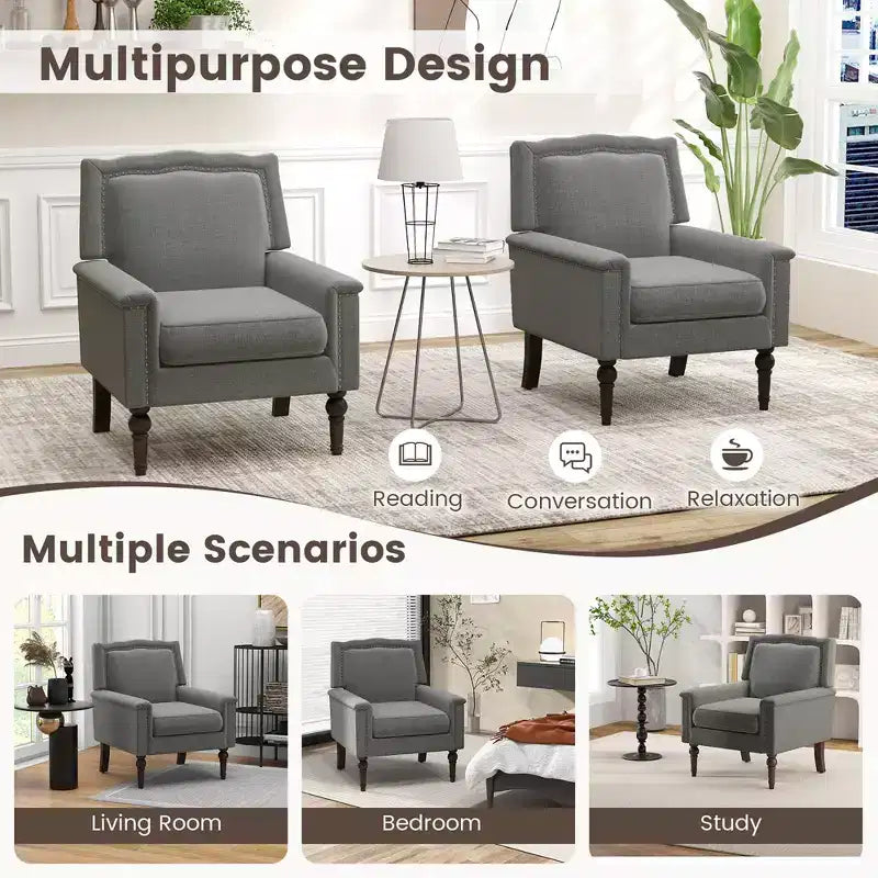 Poltrona Mid-Century Modern con cuscino spesso e gambe in legno di gomma – Grigio