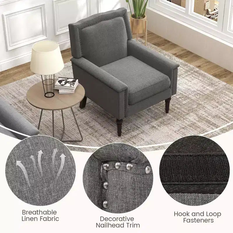 Poltrona Mid-Century Modern con cuscino spesso e gambe in legno di gomma – Grigio