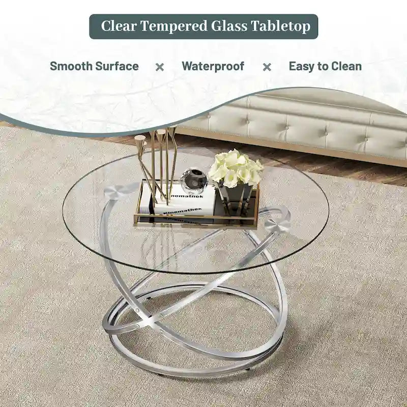 Tavolino da Caffè con Base in Metallo e Piano Rotondo in Vetro/Pietra