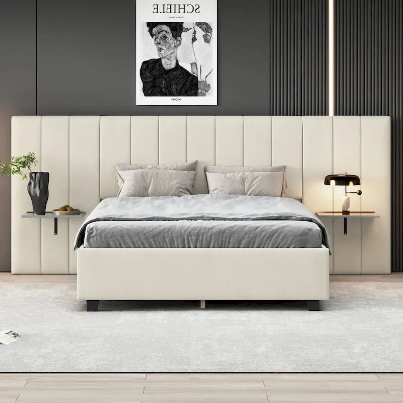 Letto imbottito Queen Size con testiera grande, mobili per camera da letto, velluto, beige