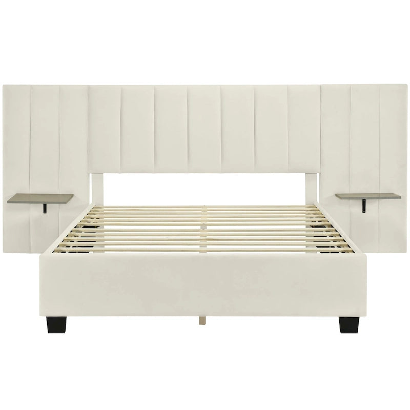 Letto imbottito Queen Size con testiera grande, mobili per camera da letto, velluto, beige