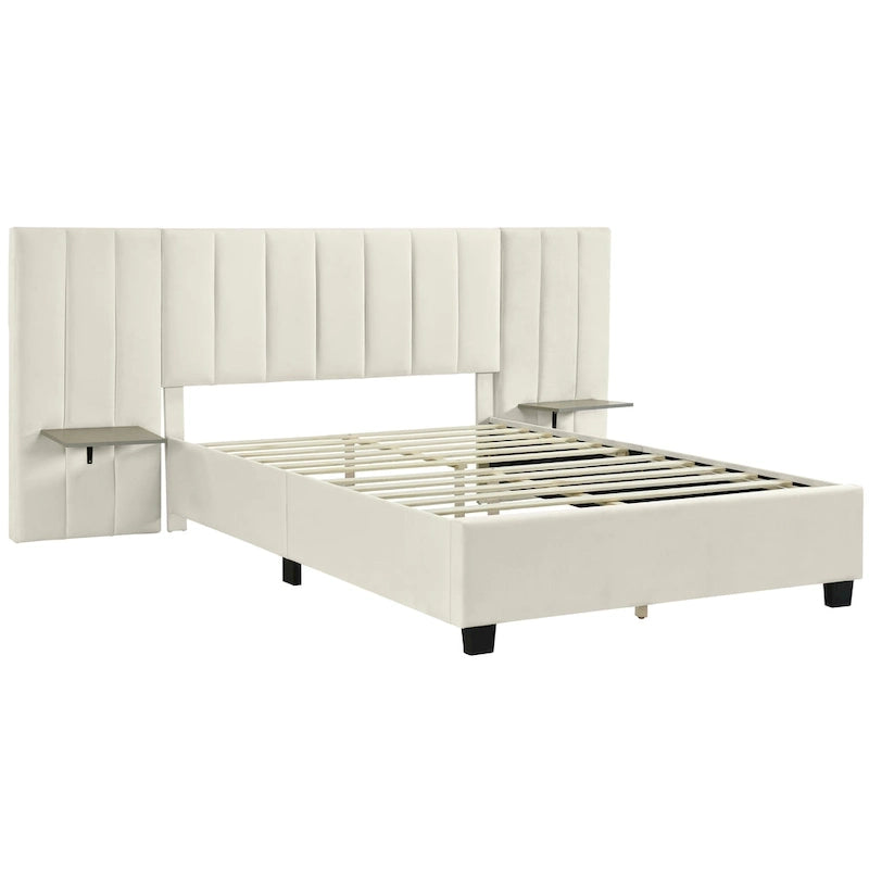 Letto imbottito Queen Size con testiera grande, mobili per camera da letto, velluto, beige