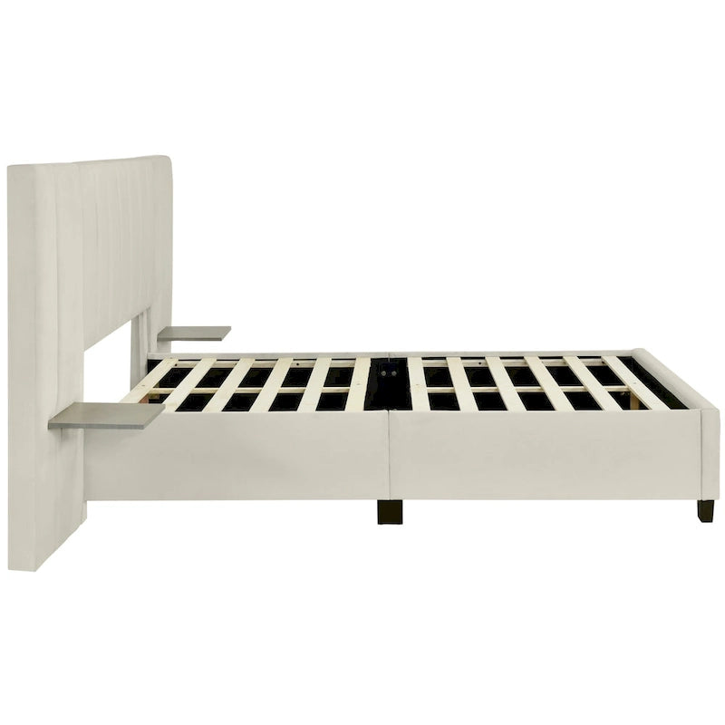 Letto imbottito Queen Size con testiera grande, mobili per camera da letto, velluto, beige