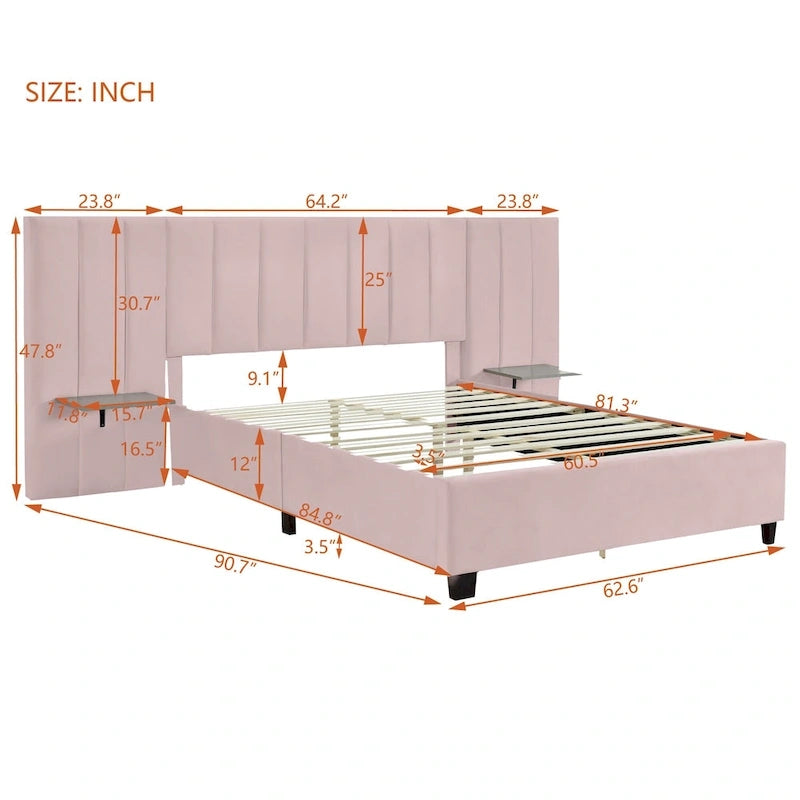 Letto imbottito Queen Size con testiera grande, mobili per camera da letto, velluto, beige