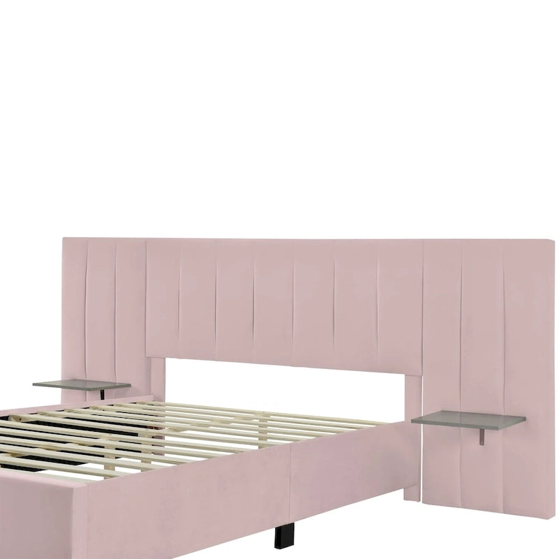 Letto imbottito Queen Size con testiera grande, mobili per camera da letto, velluto, beige