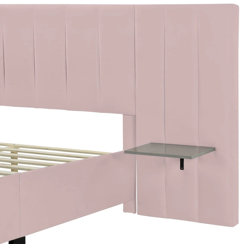 Letto imbottito Queen Size con testiera grande, mobili per camera da letto, velluto, beige