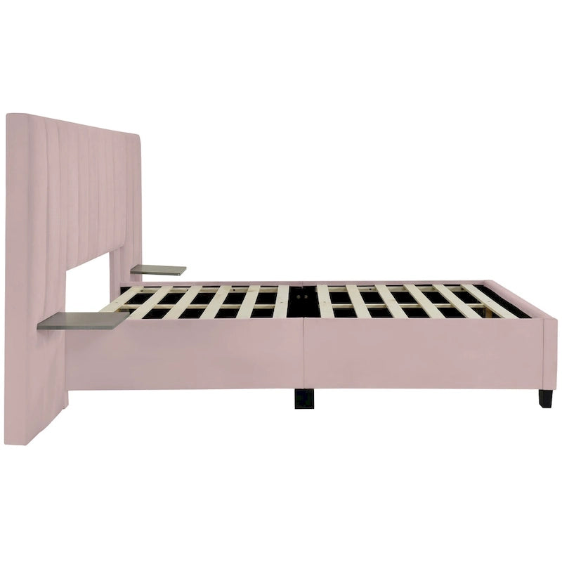 Letto imbottito Queen Size con testiera grande, mobili per camera da letto, velluto, beige