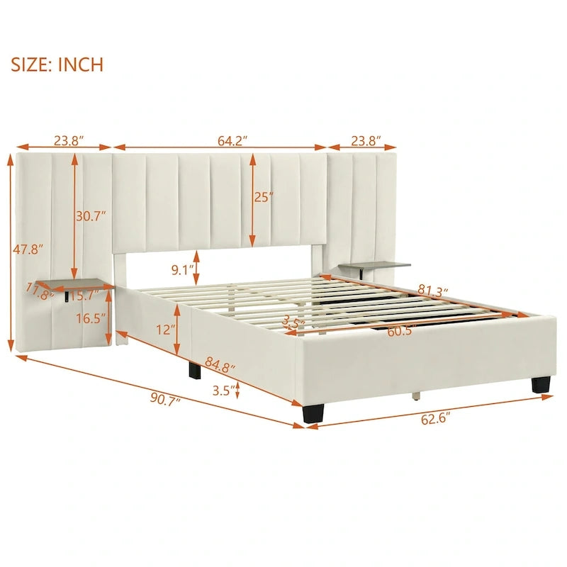 Letto imbottito Queen Size con testiera grande, mobili per camera da letto, velluto, beige