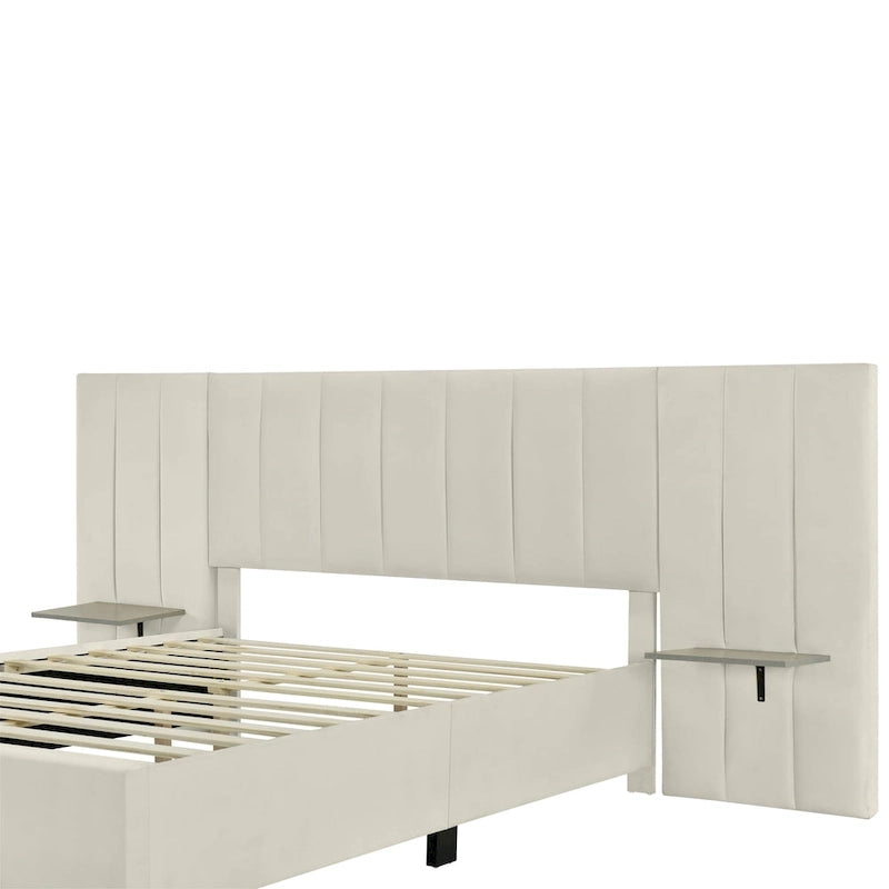 Letto imbottito Queen Size con testiera grande, mobili per camera da letto, velluto, beige