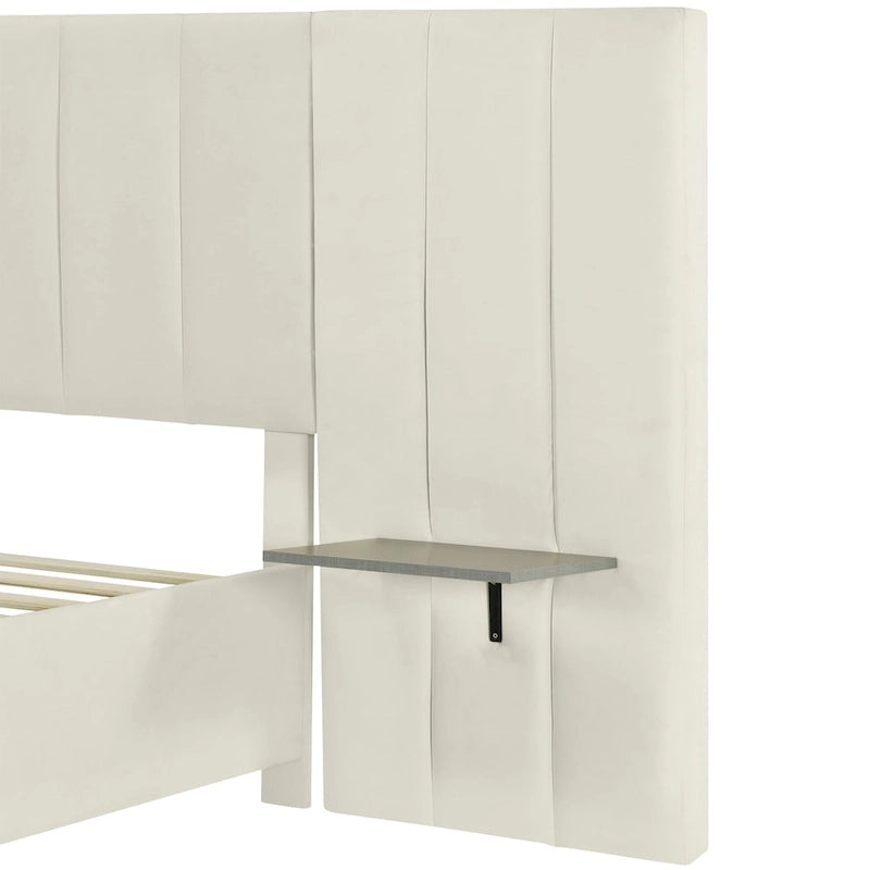 Letto imbottito Queen Size con testiera grande, mobili per camera da letto, velluto, beige