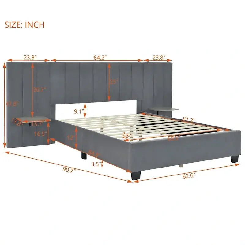 Letto imbottito Queen Size con testiera grande, mobili per camera da letto, velluto, beige
