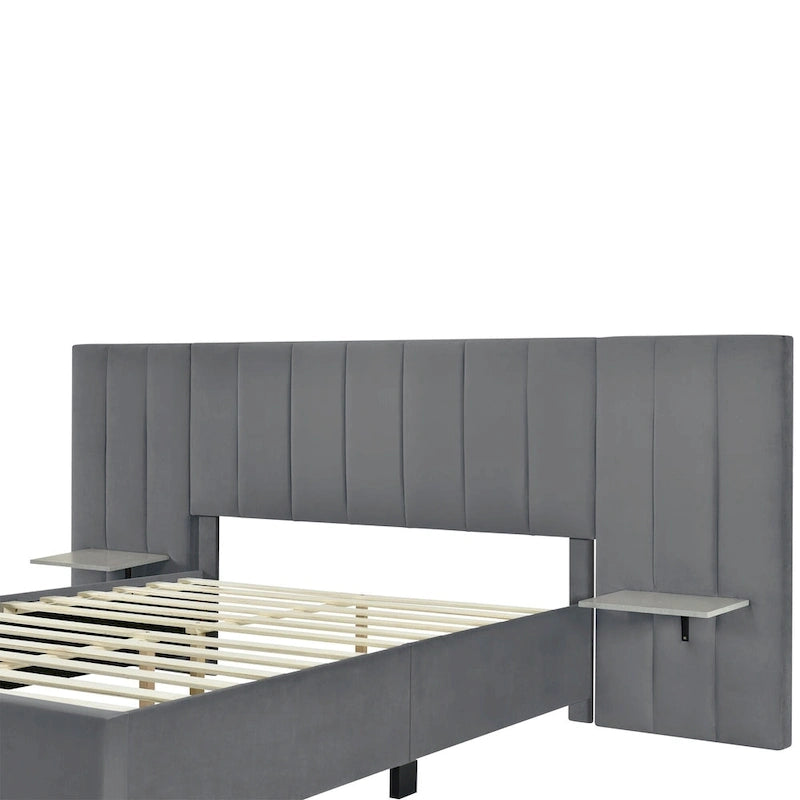 Letto imbottito Queen Size con testiera grande, mobili per camera da letto, velluto, beige