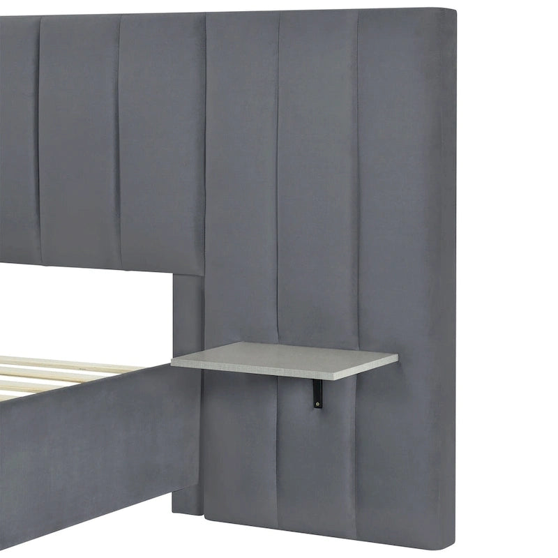 Letto imbottito Queen Size con testiera grande, mobili per camera da letto, velluto, beige