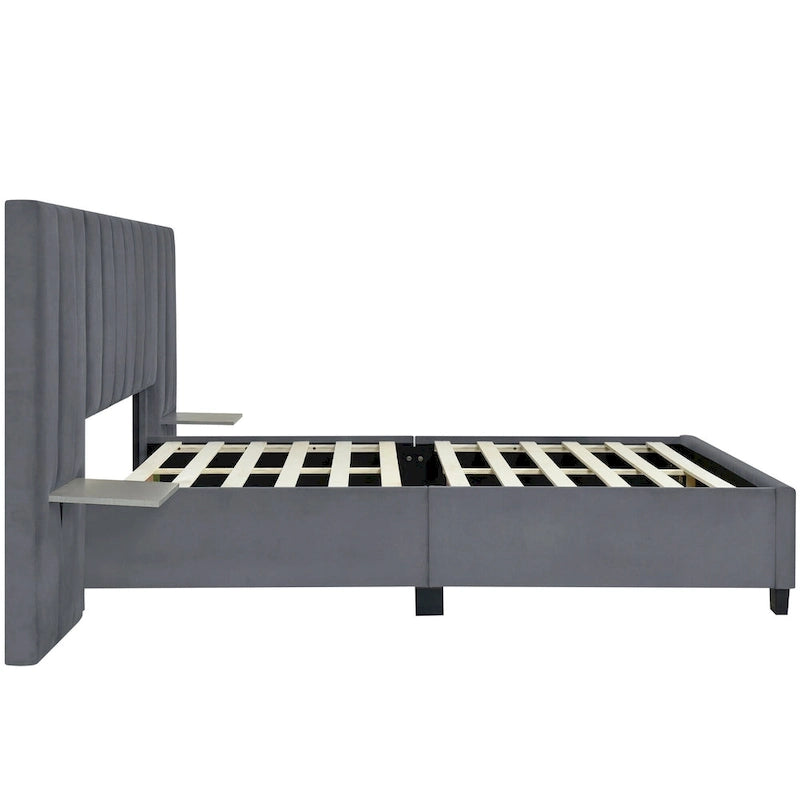 Letto imbottito Queen Size con testiera grande, mobili per camera da letto, velluto, beige